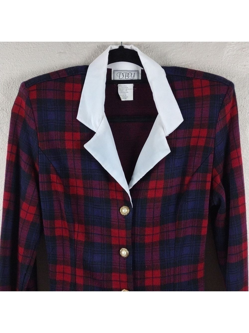 D.B.Y. Red Blue Tartan One Notched Button Long Sleeve Elastic Pull On Skirt Set - Picture 3 of 16